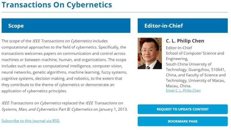 华南理工陈俊龙教授当选顶级期刊IEEETransactionsonCybernetics主编