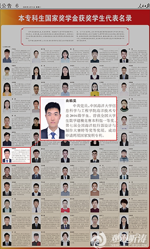 中国海洋大学学子入选2019年度国家奖学金获奖学生代表名录