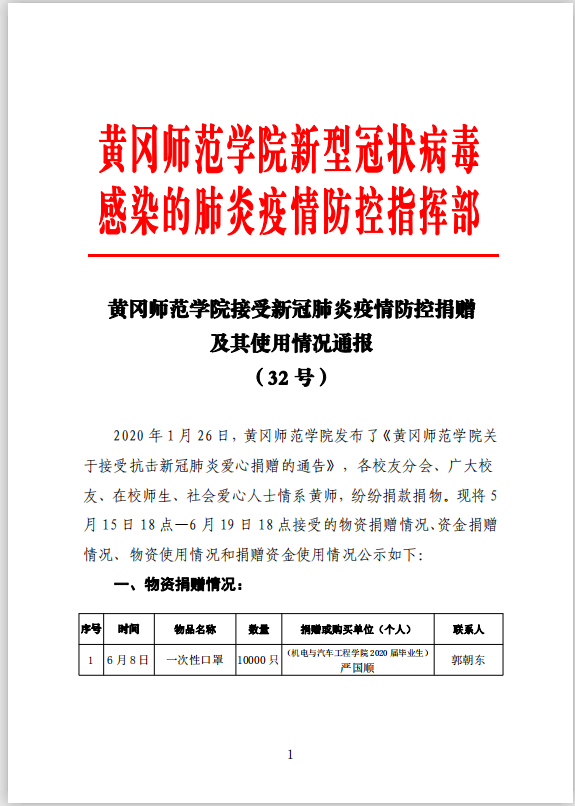 【黄师抗疫】黄冈师范学院接受新冠肺炎疫情防控捐赠及其使用情况通报（32号）