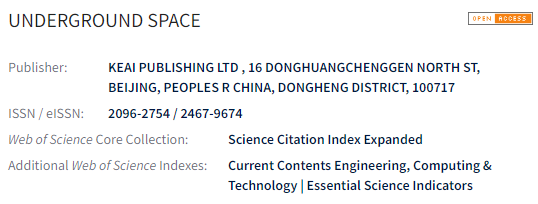 我校创办的英文期刊“UndergroundSpace”入选WebofScience数据库