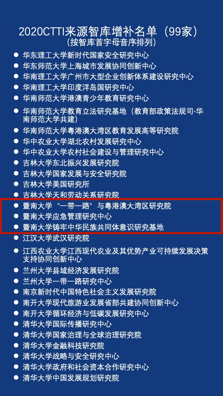 暨大3个智库机构入选2020年“中国智库索引”（CTTI）来源智库增补名单