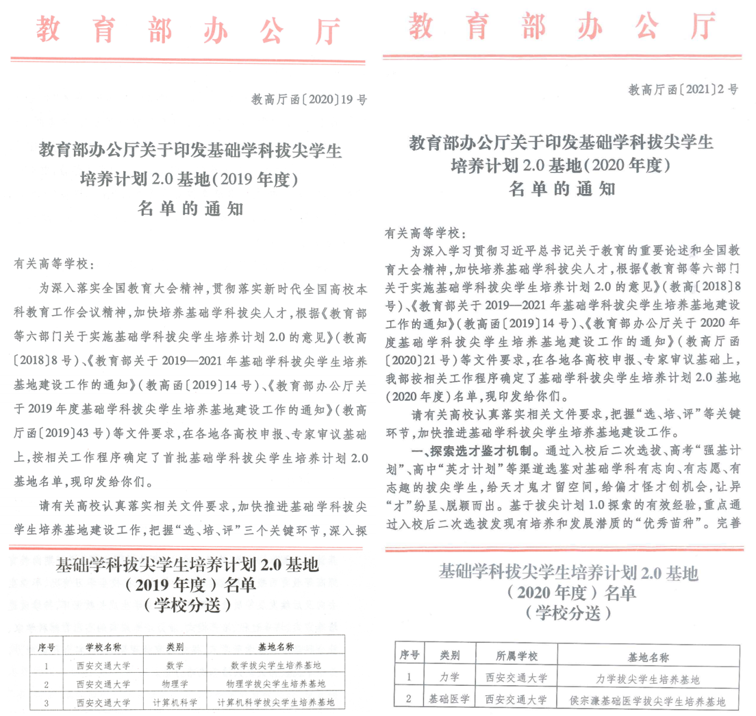 西安交大5个学科入选教育部基础学科拔尖学生培养计划20基地建设名单