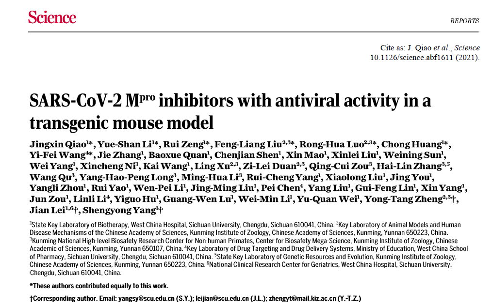 新年川大第二篇CNS！杨胜勇等人在Science上发表新冠药物研发的最新成果！