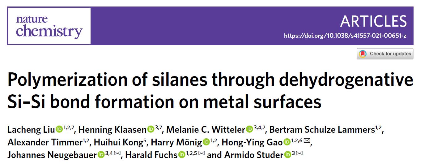 天津大学高洪营教授在NatureChemistry上发表论文：表面催化硅烷基脱氢聚合反应研究