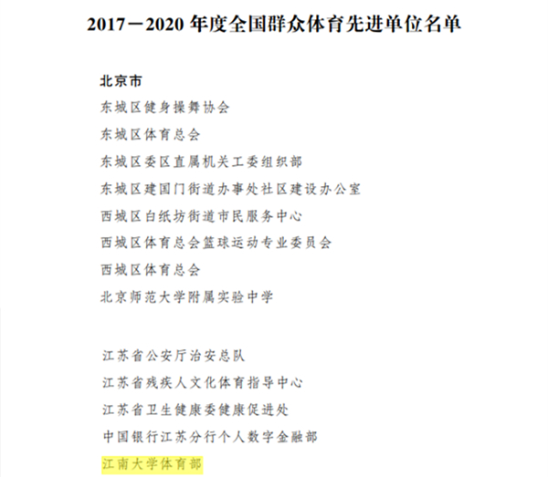 江南大学体育部获全国群众体育先进单位