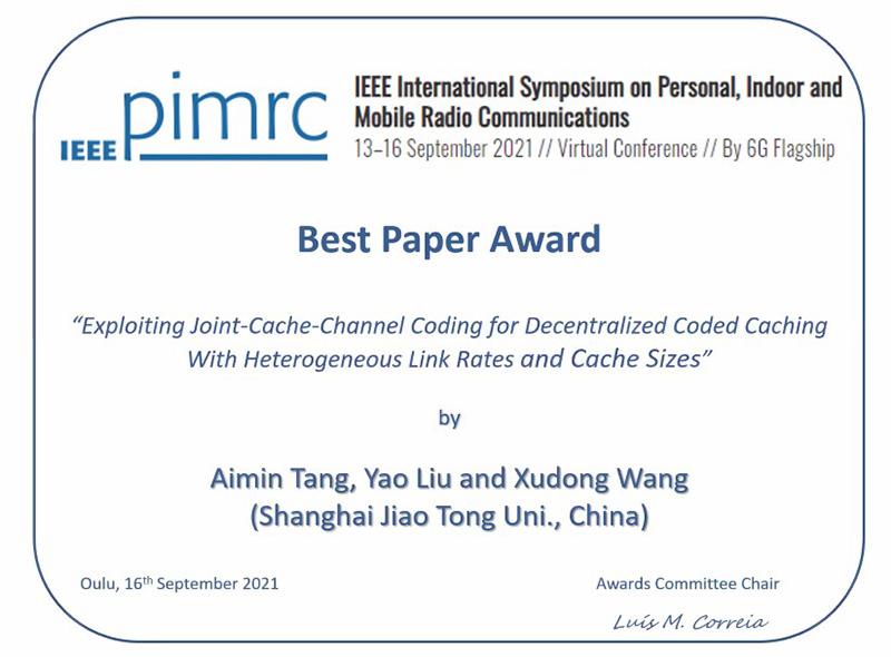 上海交大密西根学院研究团队获IEEEPIMRC2021最佳论文奖