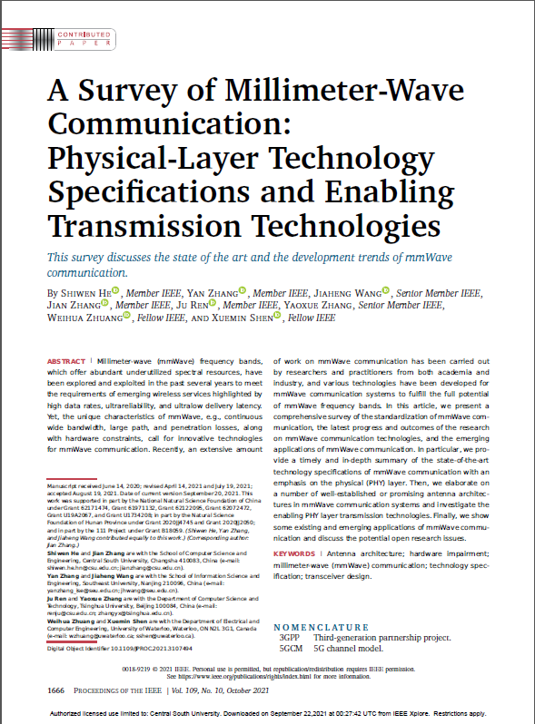 中南大学特聘教授何世文在ProceedingsoftheIEEE发表综述论文