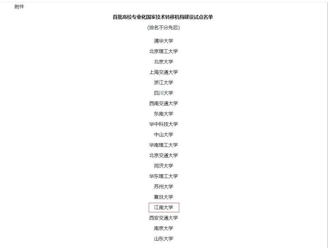 江南大学入选科技部、教育部首批20所高校专业化国家技术转移机构建设试点单位