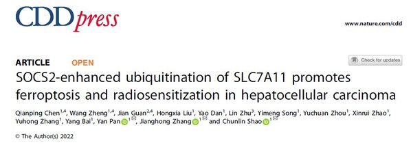 复旦大学放射医学研究所邵春林教授团队研究发现SOCS2通过诱导SLC7A11泛素化与降解、激活铁死亡，增强肝癌的辐射敏感性