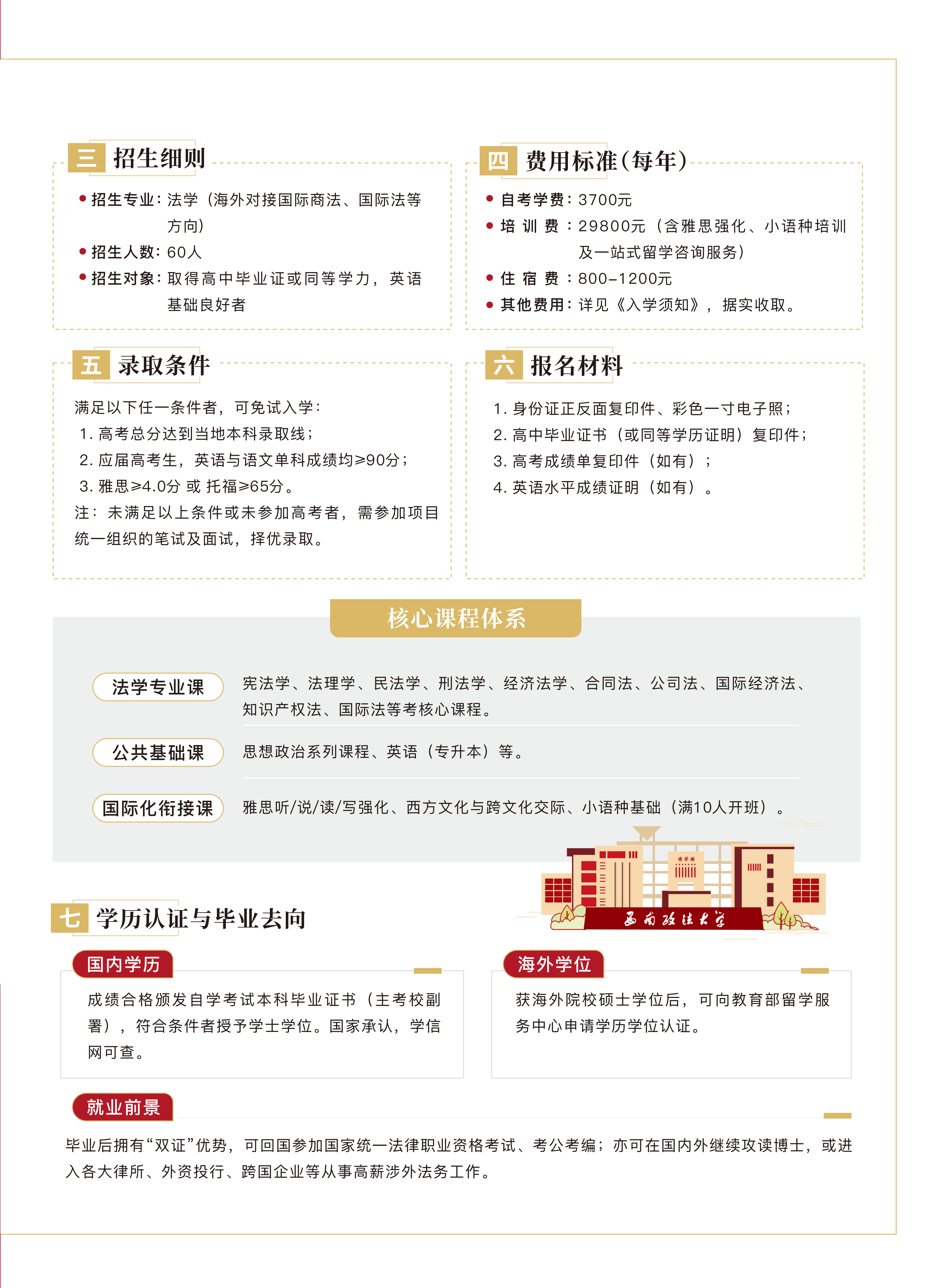 西南政法大学自考法学本科+出国留学项目招生简章