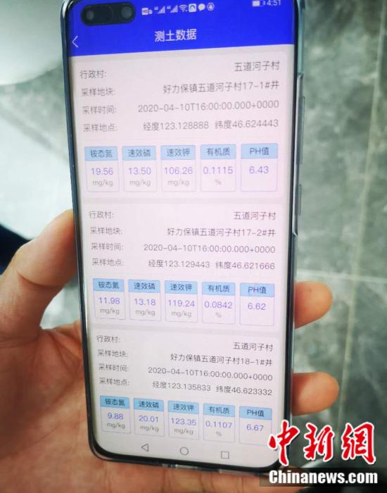 图为测出来的土壤成分含量，通过手机就能实时查看。 郎朗 摄