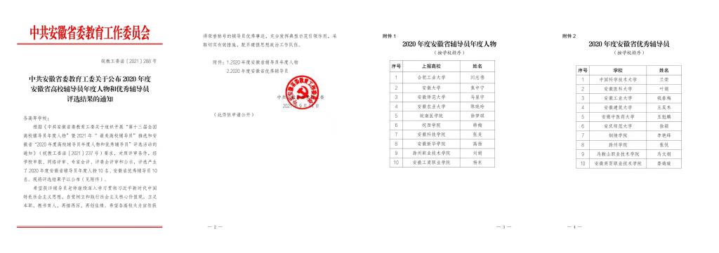 马星宇获评安徽省2020年度高校辅导员年度人物荣誉称号
