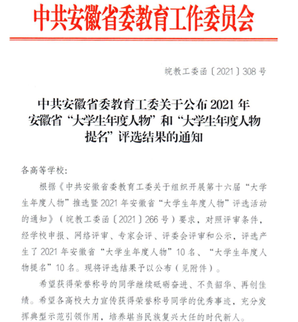 我校学生获评2021年安徽省“大学生年度人物”