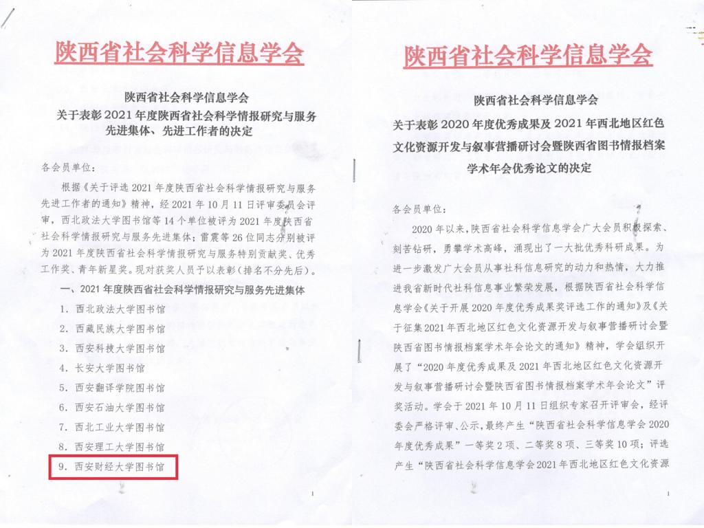 校图书馆被评为2021年度陕西省社会科学情报研究与服务先进集体
