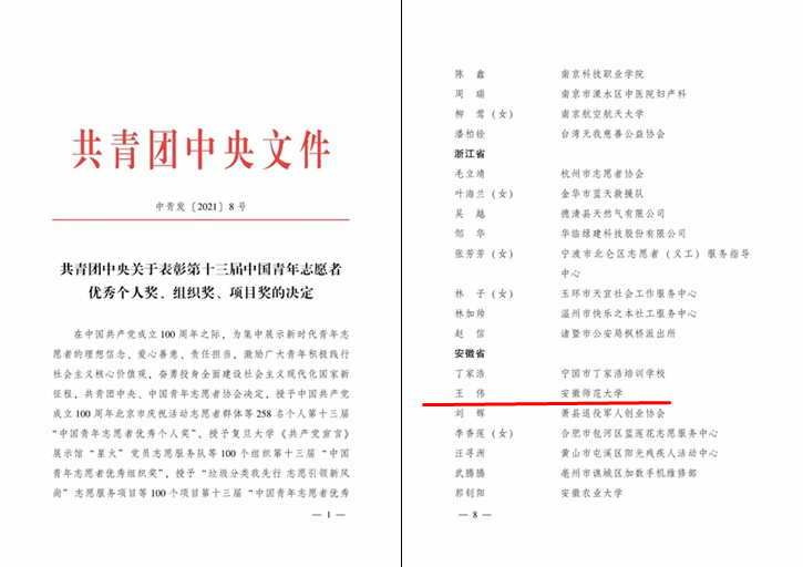 我校师生获评全国、全省青年志愿者优秀个人荣誉称号