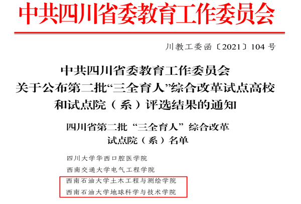 我校2个学院入选四川省第二批“三全育人”综合改革试点院（系）