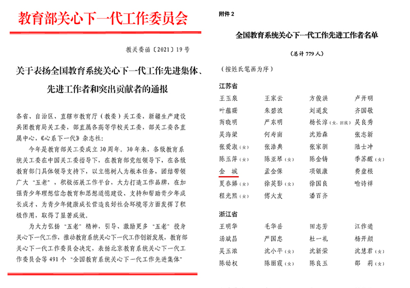 校关工委常务副主任金城获“全国教育系统关心下一代工作先进工作者”荣誉称号