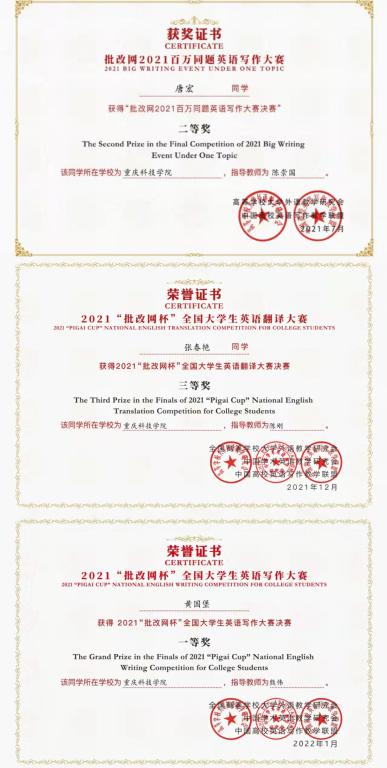 我校在2021年“批改网杯”全国大学生英语写作/英文翻译大赛中取得佳绩