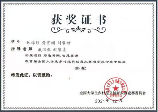 资环学院本科生在全国大学生乡村振兴创意大赛研学旅行赛中荣获金奖