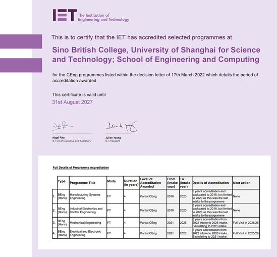 中英国际学院全部工科专业通过英国IET认证