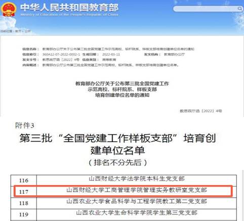 工商管理学院管理实务教研室党支部入选第三批“全国党建工作样板支部”培育创建单位