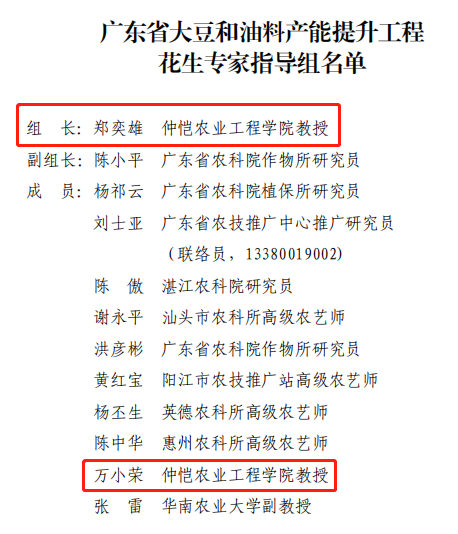 农业与生物学院郑奕雄教授和万小荣教授入选广东省大豆和油料产能提升工程花生专家指导组成员