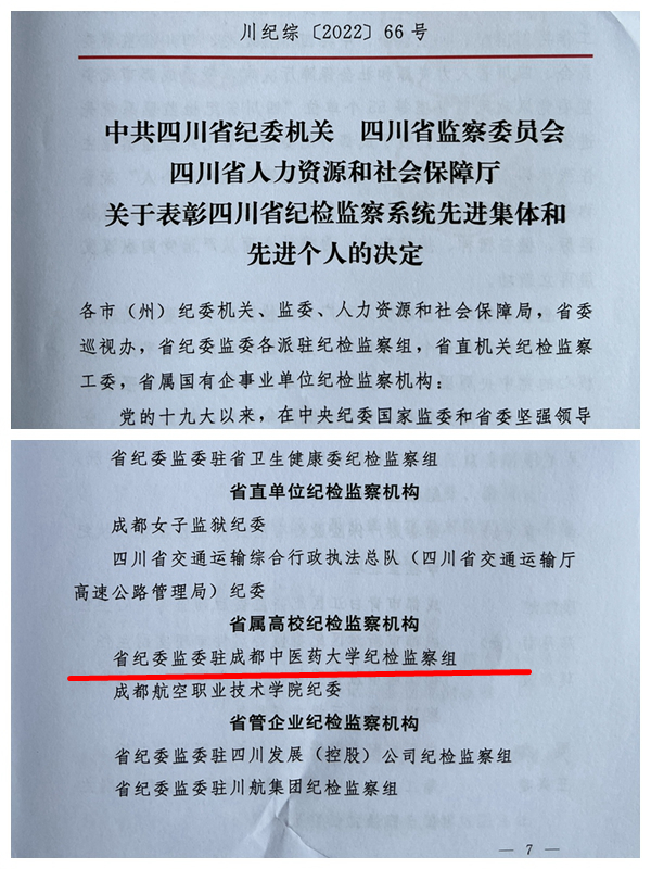 驻校纪检监察组被授予“四川省纪检监察系统先进集体”荣誉称号