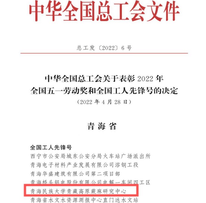 我校青藏高原蕨麻研究中心荣获“全国工人先锋号”称号