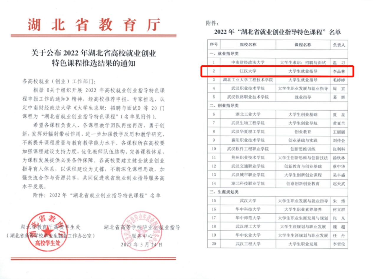 《大学生就业指导》获评湖北省就业创业指导特色课程