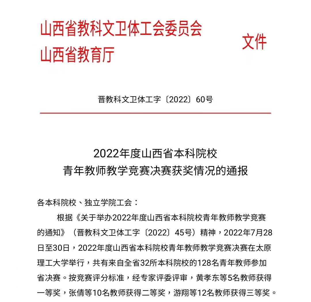 我校教师在2022年度山西省本科院校青年教师教学竞赛中喜获佳绩