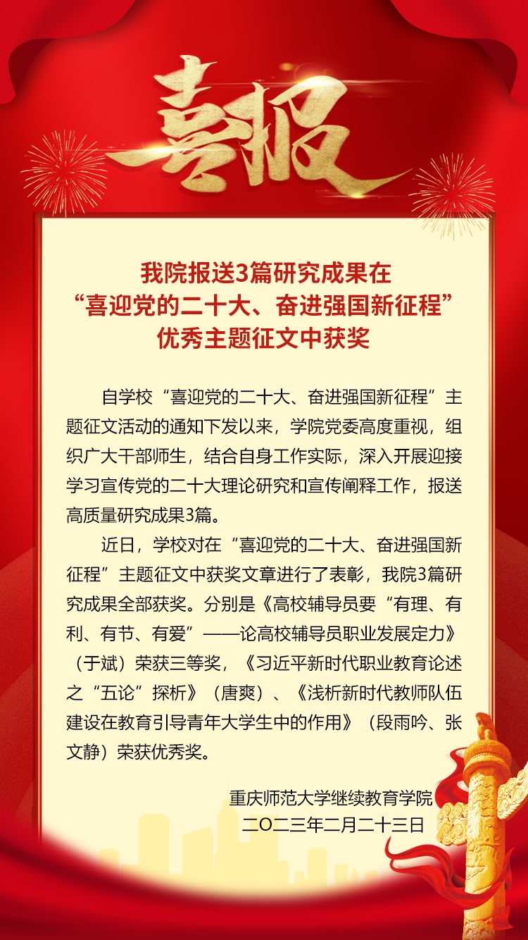 我院报送3篇研究成果在“喜迎党的二十大、奋进强国新征程”优秀主题征文中获奖