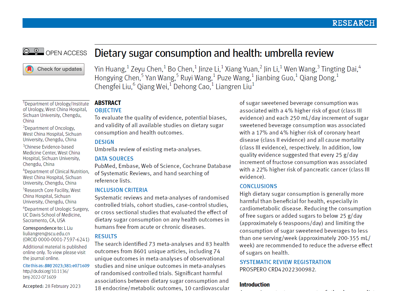 我校华西医院魏强团队发文揭示膳食糖摄入与45种疾病之间的有害关联